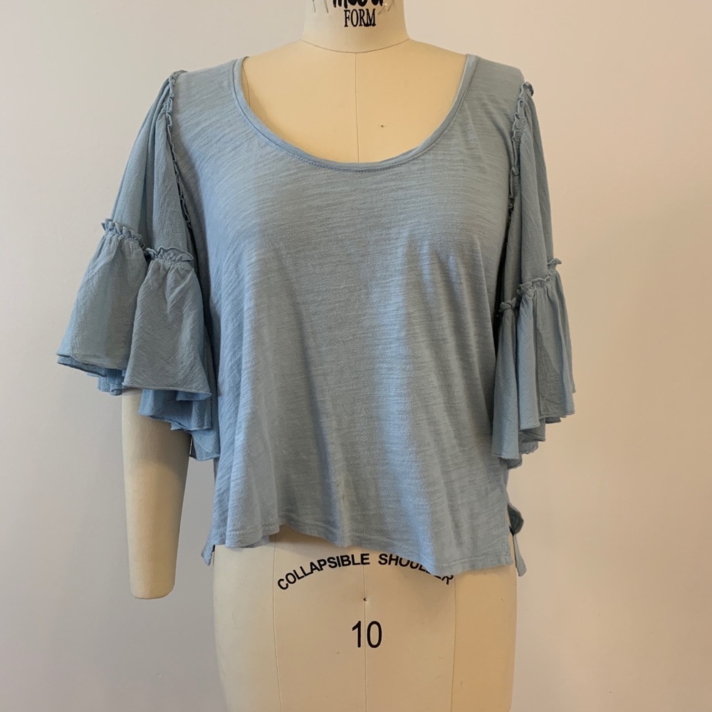 Anthropologie Bordeaux Blue Ruffle Sleeve Blouse
